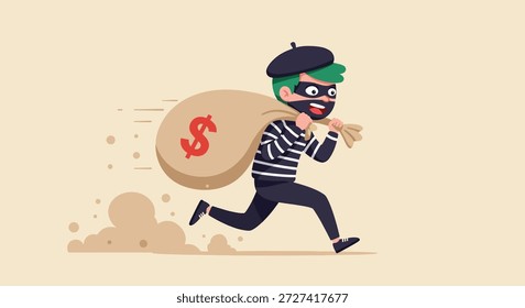 Ilustração vetorial de um ladrão com uma máscara e camisa listrada escapando com um saco de dinheiro roubado.