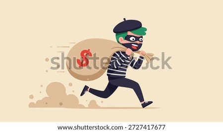 A vector illustration of a robber in a mask and striped shirt escaping with a sack of stolen money.