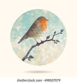 Vector illustration robin bird on a twig. Geometric round background made of triangles