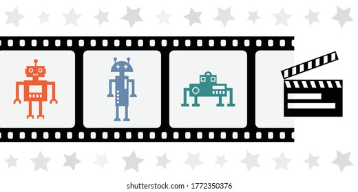 ilustración vectorial de actores robots en los símbolos de rodaje de películas de cine