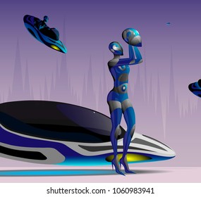 Vector illustration of a robot android chauffeur preparing for a flight and putting on a helmet