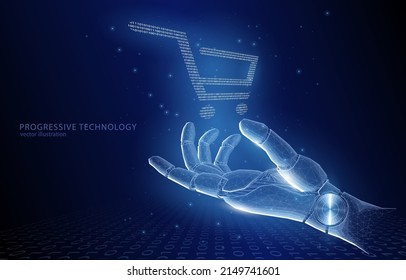 
Ilustración vectorial de un brazo robot con un símbolo de un carro de supermercado de un código binario en forma de holograma sobre un fondo azul, desarrollo de tecnología, compras en línea, IA, internet.