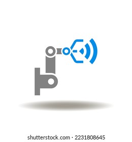Ilustración vectorial del brazo robot con señal de radio inalámbrica o WI-FI. Símbolo de tecnología robótica de IA. Signo de operación robótica inteligente.