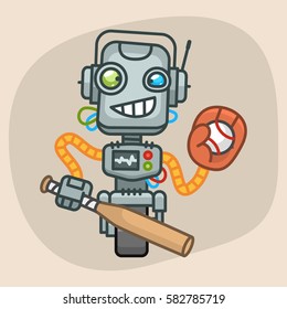 Vector Illustration, Robot Baseball Holds Bat and Ball in Glove, Format EPS 10