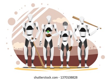 vector illustration of robot baseball team. Flat Vector Illustration