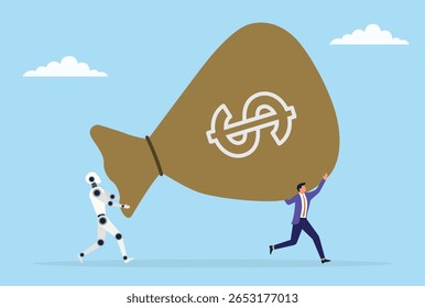 Ilustração vetorial de um robô e um homem de negócios carregando um enorme saco de dinheiro, representando a poderosa aliança da inteligência humana e do ar na geração de riqueza e sucesso econômico
