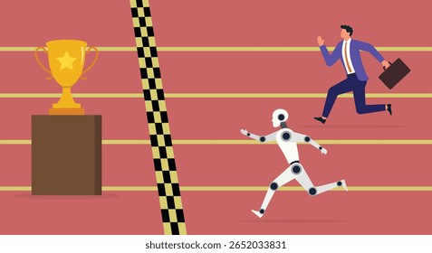 Vector illustration of a robot and businessman running toward a trophy, symbolizing the race between artificial intelligence and human effort in the pursuit of success and innovation
