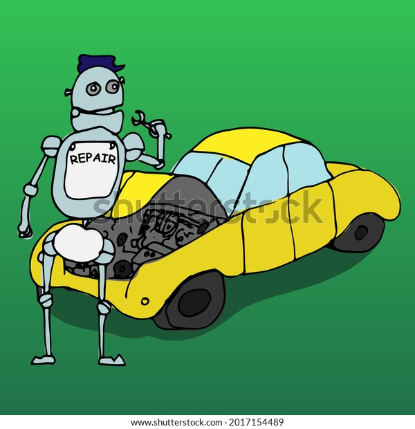 Vector illustration of a robot for car repair.\
Repair robot. Car\
repair.