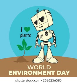 Vector illustration of a robot caring for plants – perfect for World Environment Day

