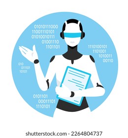 Vector illustration of a robot chatting, guiding and conversing. Binary data image with blue round shape background.
