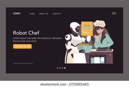 Ilustração vetorial de um chef robô ajudando um chef humano sorridente em um ambiente de cozinha. O robô apresenta uma receita digital, apresentando tecnologia em artes culinárias.