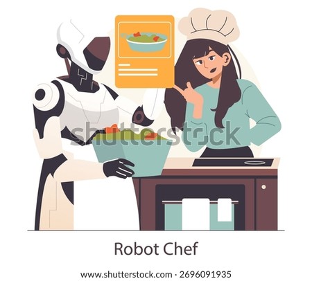 Vector illustration of a robot chef and cook working on a recipe together in a kitchen setting. The robot displays a digital recipe card while the cook thoughtfully observes.