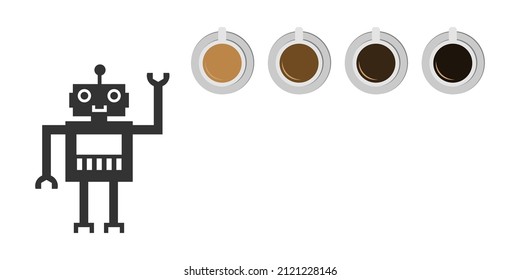 Vector Illustration Of Robot And Coffee Cups For Automated Caffeine Drinks Delivery And Service