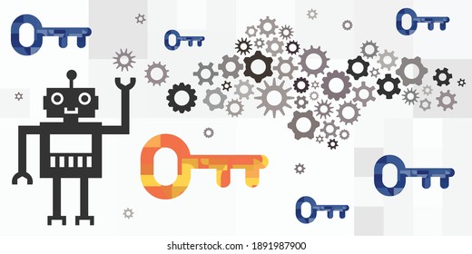 vector illustration of robot and cogwheels and key symbols for optimizing keywords search 