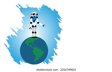 Vector illustration robot construction, intelligent system, world map, future earth technology background. Development Ai. Use for education, tech information.