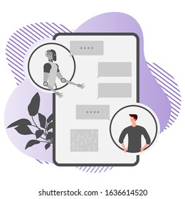 Vector illustration Robot corresponded with human. Chat bot virtual assistance. Communication through network. Customer support service. Artificial Intelligence concept. Design for website, app, print