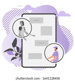 Vector illustration Robot corresponded with human. Chat bot virtual assistance. Communication through network. Customer support service. Artificial Intelligence concept. Design for website, app, print