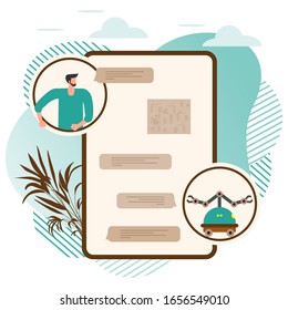 Vector illustration Robot corresponded with human. Chat bot virtual assistance. Communication through network. Customer support service. Artificial Intelligence concept. Design for website, app, print