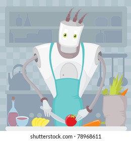 Vector illustration of robot cutting vegetables