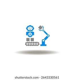 Vector illustration of robot (cyborg, drone) and conveyor line belt with products and robotic manipulator. Symbol of industrial automation process improvement. Icon of industry AI technology.