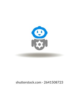 Vector illustration of robot drone with gear wheel. Icon of future of work. Symbol of robot modernization and optimization. Sign of robotic technology.