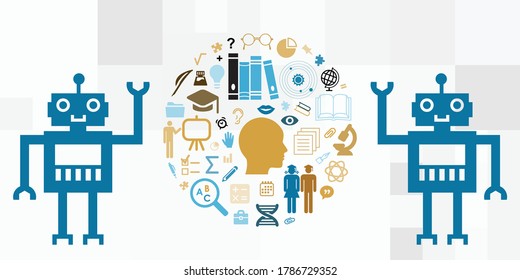 vector illustration of robot and educational symbols for artificial intelligence and machine learning
