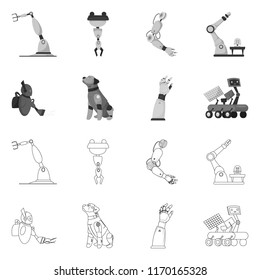 Vector illustration of robot and factory icon. Set of robot and space vector icon for stock.