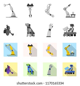 Vector illustration of robot and factory sign. Set of robot and space vector icon for stock.