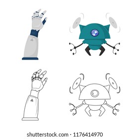 Vector illustration of robot and factory sign. Set of robot and space stock vector illustration.