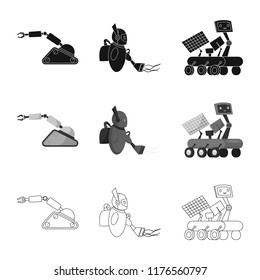 Vector illustration of robot and factory sign. Set of robot and space vector icon for stock.