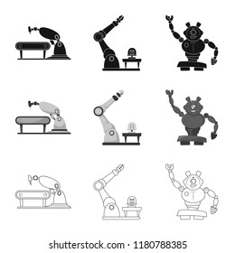 Vector illustration of robot and factory sign. Collection of robot and space stock symbol for web.