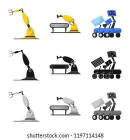 Vector illustration of robot and factory sign. Set of robot and space stock symbol for web.