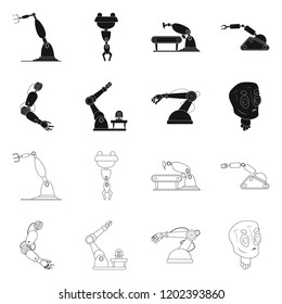 Vector illustration of robot and factory sign. Set of robot and space stock symbol for web.