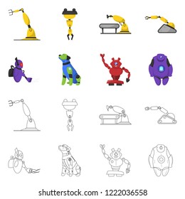 Vector illustration of robot and factory sign. Collection of robot and space vector icon for stock.