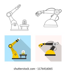 Vector illustration of robot and factory symbol. Collection of robot and space vector icon for stock.