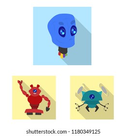 Vector illustration of robot and factory symbol. Set of robot and space stock symbol for web.