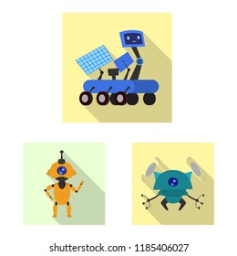Vector illustration of robot and factory symbol. Collection of robot and space vector icon for stock.