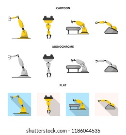 Vector illustration of robot and factory symbol. Collection of robot and space stock symbol for web.