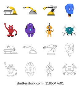 Vector illustration of robot and factory symbol. Collection of robot and space stock vector illustration.