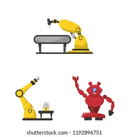 Vector illustration of robot and factory symbol. Collection of robot and space stock symbol for web.