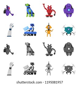 Vector illustration of robot and factory symbol. Collection of robot and space vector icon for stock.