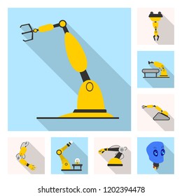 Vector illustration of robot and factory symbol. Collection of robot and space vector icon for stock.