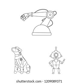 Vector illustration of robot and factory symbol. Collection of robot and space stock symbol for web.