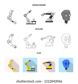 Vector illustration of robot and factory symbol. Set of robot and space vector icon for stock.