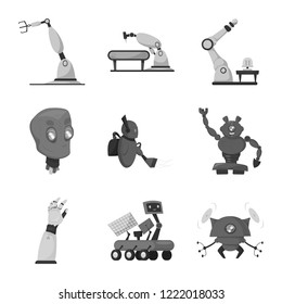 Vector illustration of robot and factory symbol. Collection of robot and space vector icon for stock.