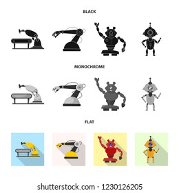 Vector illustration of robot and factory symbol. Set of robot and space vector icon for stock.