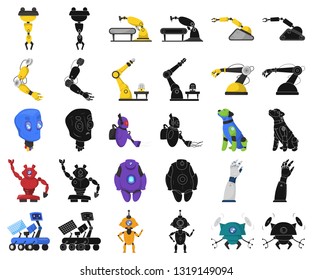 Vector illustration of robot and factory symbol. Set of robot and space stock symbol for web.