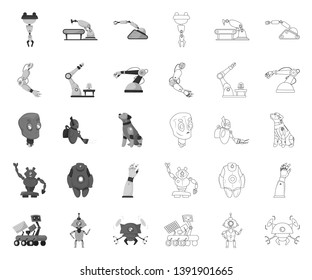 Vector illustration of robot and factory symbol. Set of robot and space stock symbol for web.