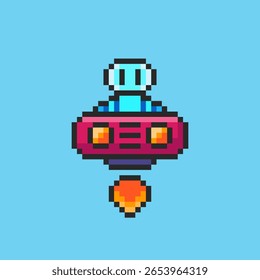 Vector Illustration of Robot Flying in Spaceship with Pixel Art Design, perfect for game assets themed designs