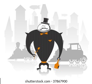 Vector illustration of robot gentleman with flower and wine bottle, abstract city on background